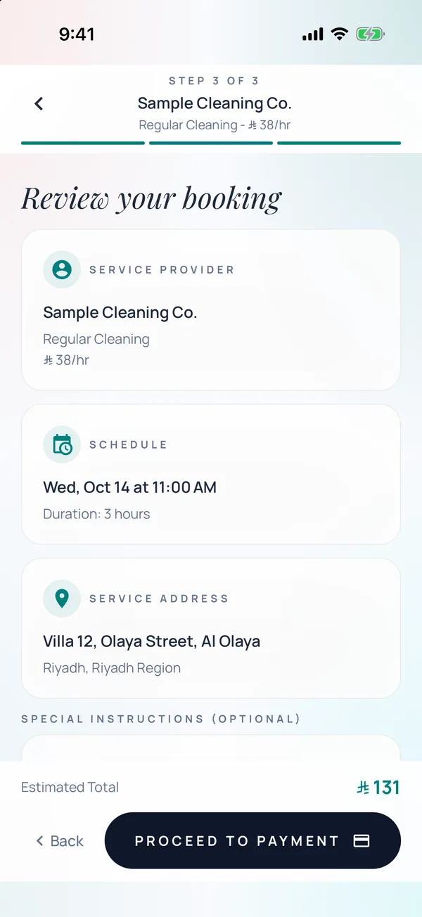 BaCare app: reviewing a booking before payment, with the estimated total