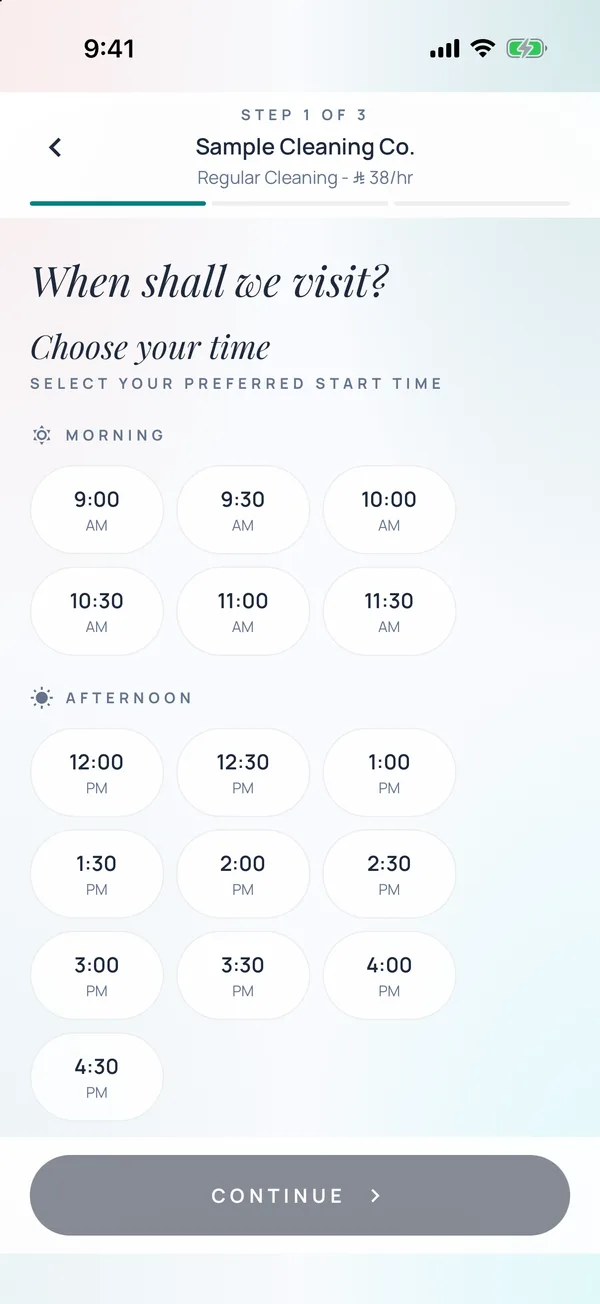 BaCare app: choosing a date and time slot