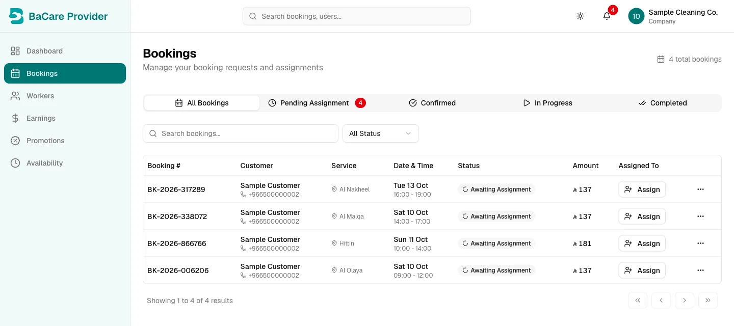 BaCare partner dashboard: a company's incoming bookings, each with a button to assign a cleaner